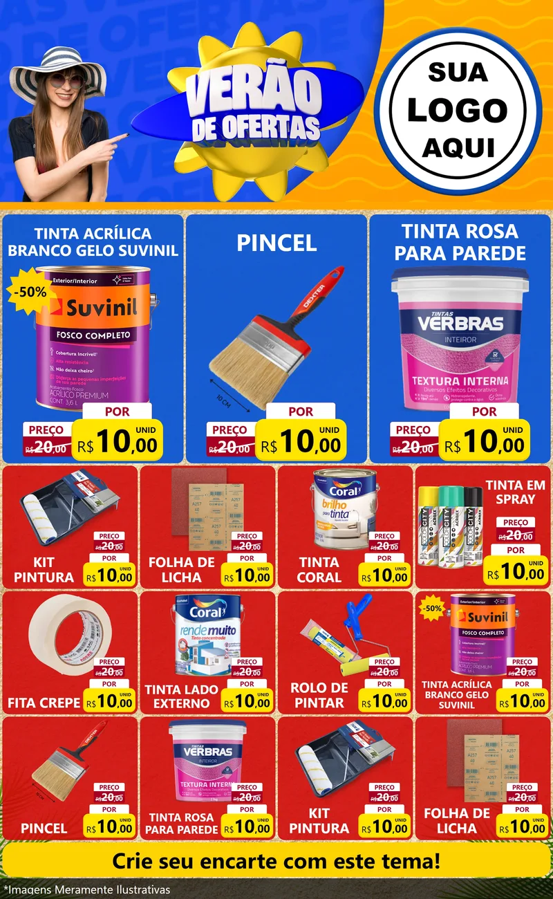 Modelo de Encarte para Encarte Grande com o tema Verão de Ofertas para Tintas e Ferramentas