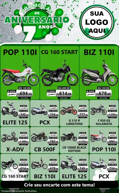 Modelo de Encarte para Encarte Grande com o tema Promoção de Aniversário - 7 Anos para Concessionaria de Motos