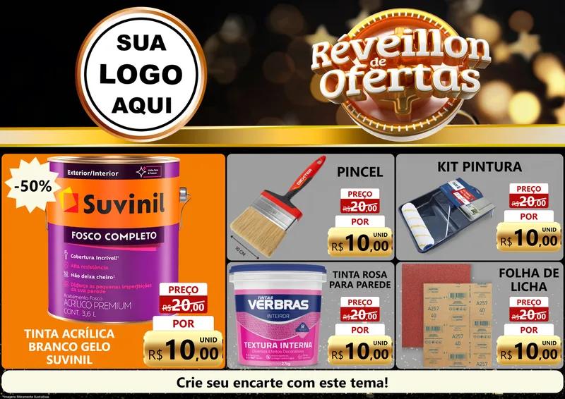 Modelo de Encarte para Encarte A4 Horizontal com o tema Réveillon de Ofertas para Tintas e Ferramentas