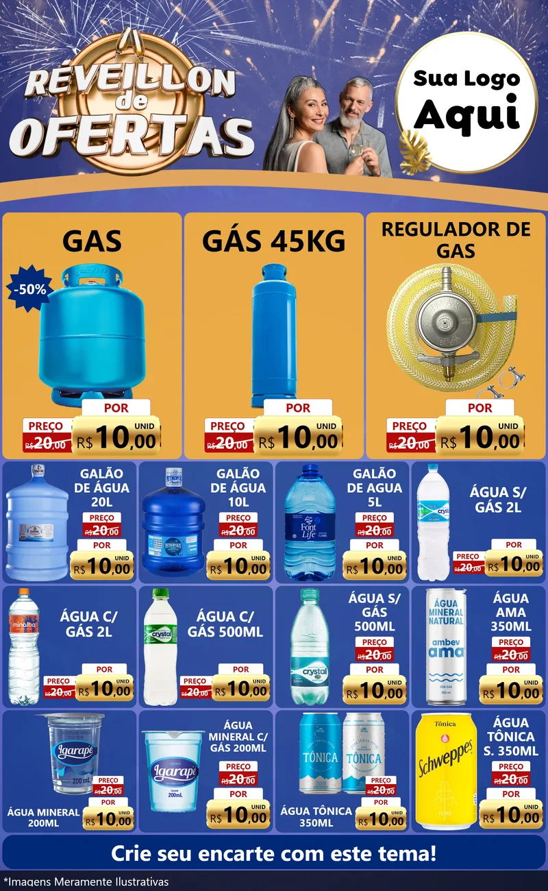 Modelo de Encarte para Encarte Grande com o tema Réveillon de Ofertas para Água e gás