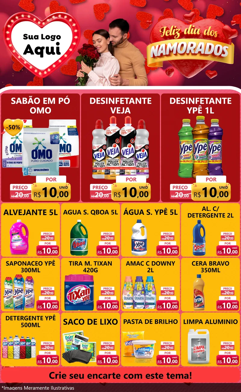 Modelo de Encarte para Encarte Grande com o tema Feliz Dia Dos Namorados para Produtos de Limpeza
