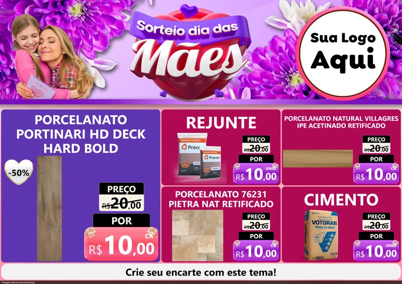 Modelo de Encarte para Encarte A4 Horizontal com o tema Sorteio Dia das Mães para Pisos e revestimentos