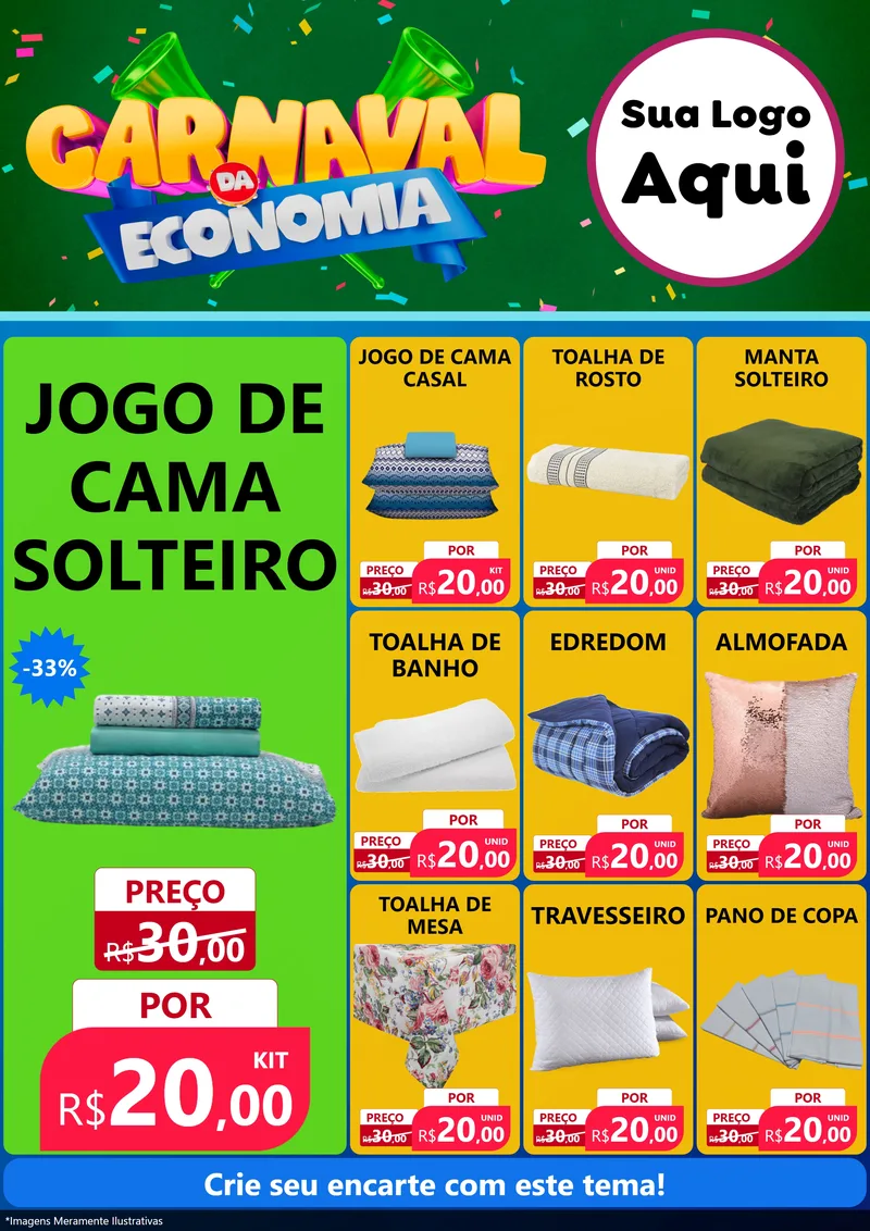 Modelo de Encarte para Encarte A4 Vertical com o tema Carnaval da Economia para Cama, Mesa e Banho