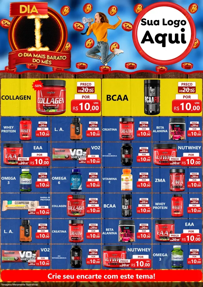 Modelo de Encarte para Encarte A4 Vertical com o tema Dia I - O Dia Mais Barato Do Mês para Suplementos alimentares