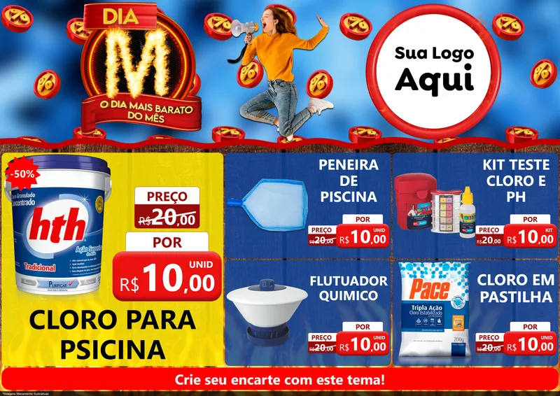Modelo de Encarte para Encarte A4 Horizontal com o tema Dia M - O Dia Mais Barato Do Mês para Produtos para Piscina