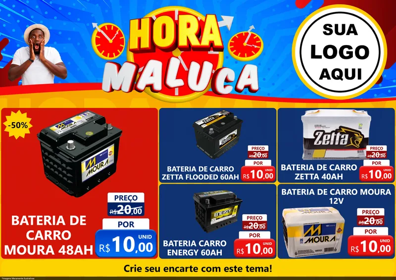 Modelo de Encarte para Encarte A4 Horizontal com o tema Hora Maluca para Baterias Elétricas