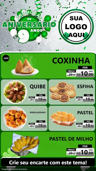Modelo de TV para TV Vertical com o tema Promoção de Aniversário - 9 Anos para Salgadaria