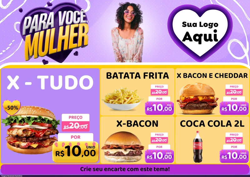 Modelo de Encarte para Encarte A4 Horizontal com o tema Para Você, Mulher para Hamburgueria