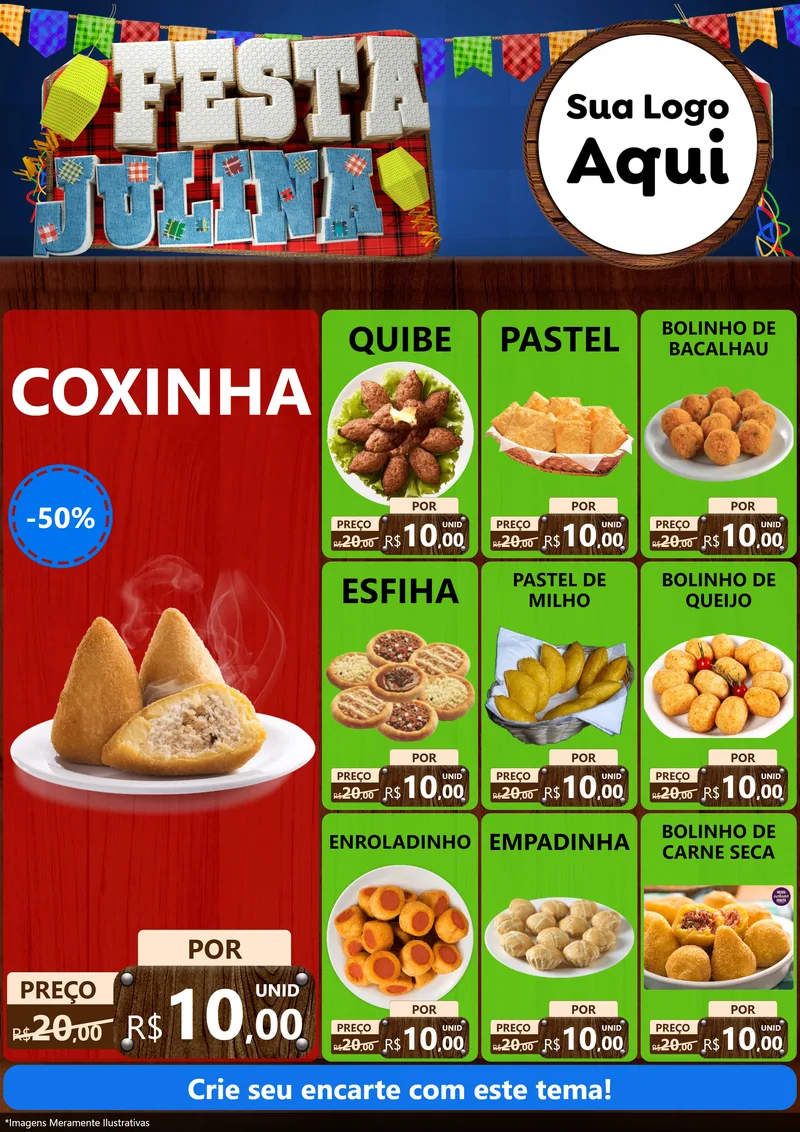 Modelo de Encarte para Encarte A4 Vertical com o tema Festa Julina para Salgadaria
