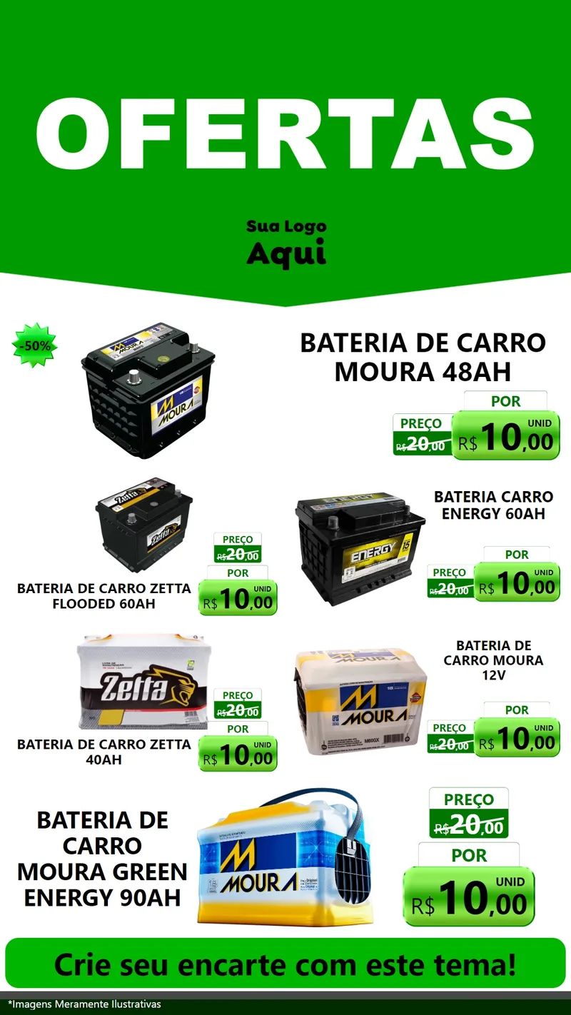 Modelo de TV para TV Vertical com o tema Ofertas Verde Cartaz para Baterias Elétricas