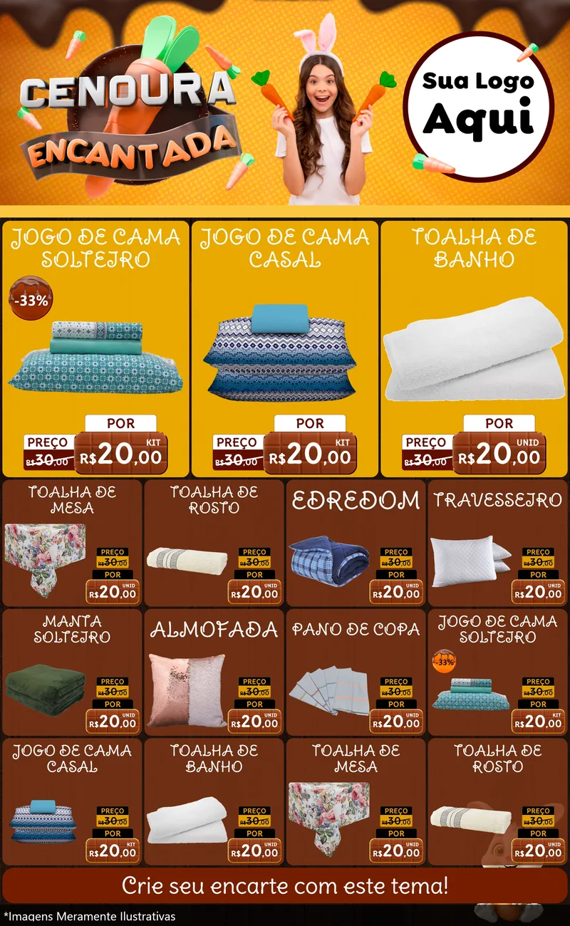 Modelo de Encarte para Encarte Grande com o tema Cenoura Encantada - Páscoa para Cama, Mesa e Banho
