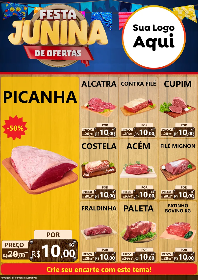 Modelo de Encarte para Encarte A4 Vertical com o tema Festa Junina de Ofertas para Açougue