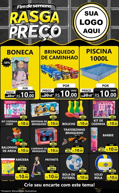 Modelo de Encarte para Encarte Grande com o tema Fim de Semana Rasga Preço para Brinquedos