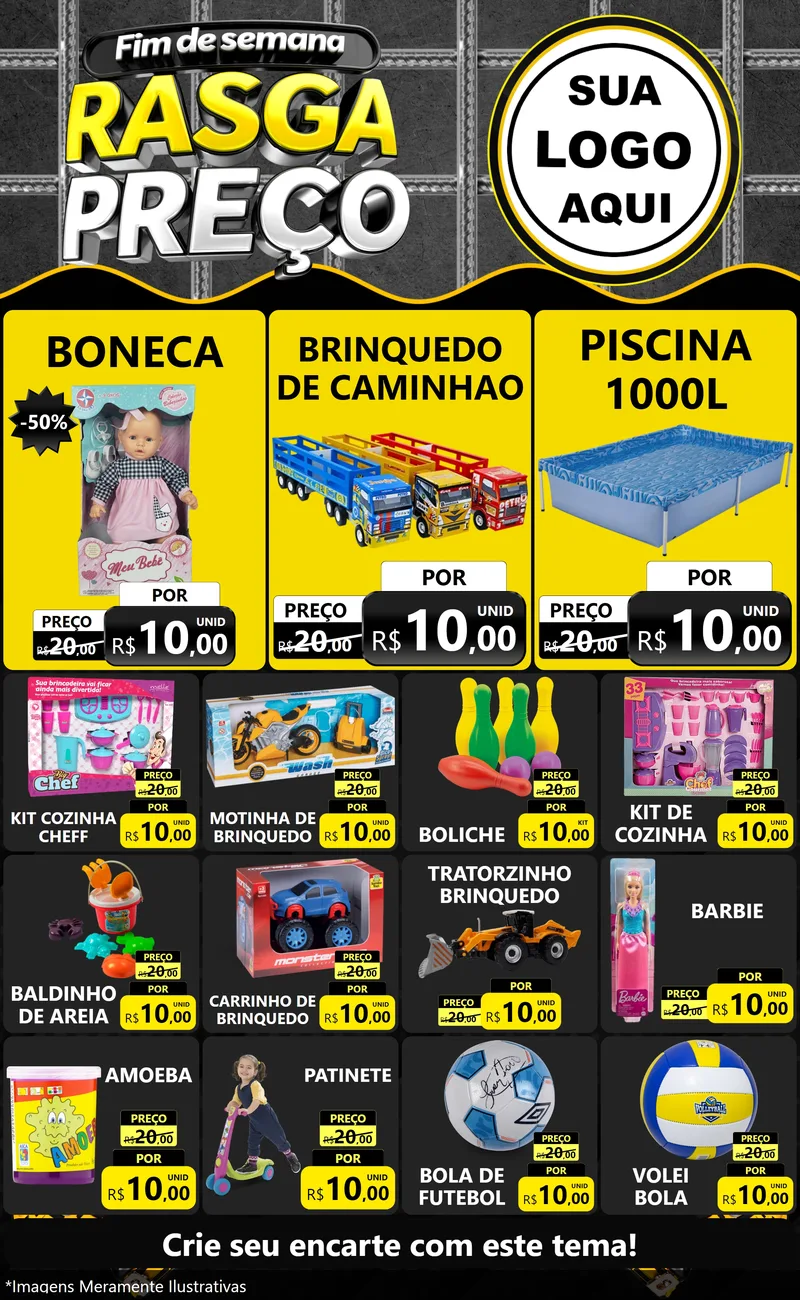 Modelo de Encarte para Encarte Grande com o tema Fim de Semana Rasga Preço para Brinquedos