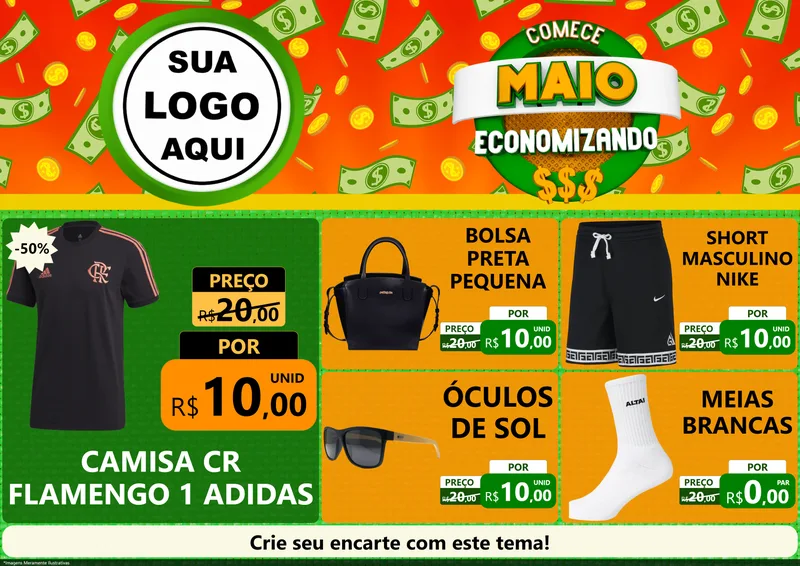 Modelo de Encarte para Encarte A4 Horizontal com o tema Comece Maio Economizando para Roupas e acessórios