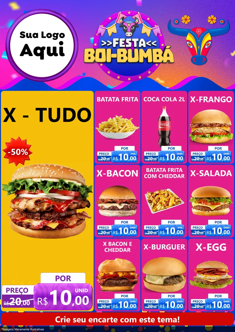 Modelo de Encarte para Encarte A4 Vertical com o tema Festa Boi-Bumbá para Hamburgueria