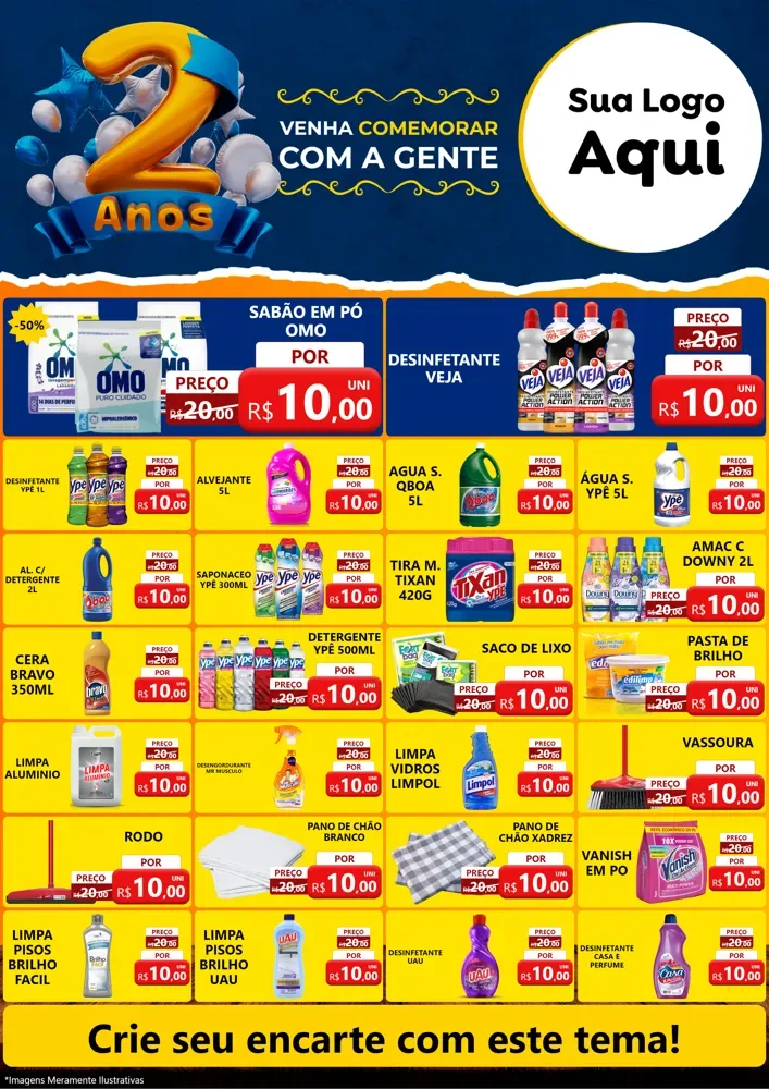 Modelo de Encarte para Encarte A4 Vertical com o tema Aniversário de 2 anos para Produtos de Limpeza