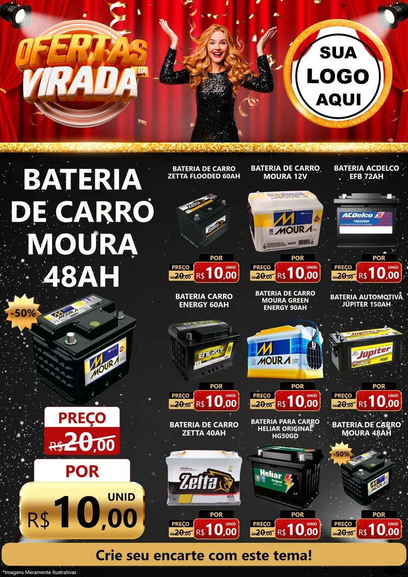 Modelo de Encarte para Encarte A4 Vertical com o tema Ofertas da Virada para Baterias Elétricas