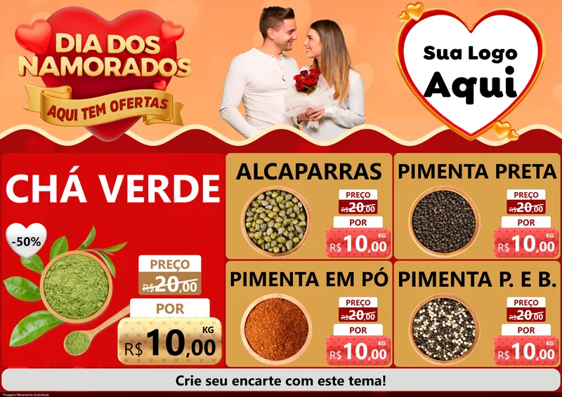 Modelo de Encarte para Encarte A4 Horizontal com o tema Dia dos Namorados - Aqui Tem Ofertas para Produtos Naturais