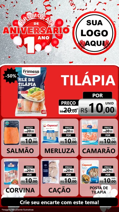 Modelo de Rede Social para Stories com o tema Promoção de Aniversário - 1 Ano para Peixaria