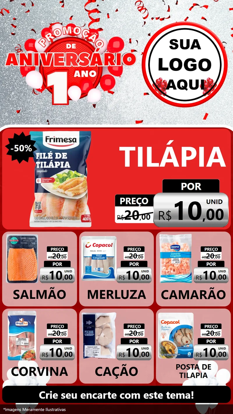 Modelo de Rede Social para Stories com o tema Promoção de Aniversário - 1 Ano para Peixaria