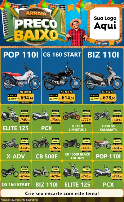 Modelo de Encarte para Encarte Grande com o tema Arraiá de Preço Baixo - Junina para Concessionaria de Motos