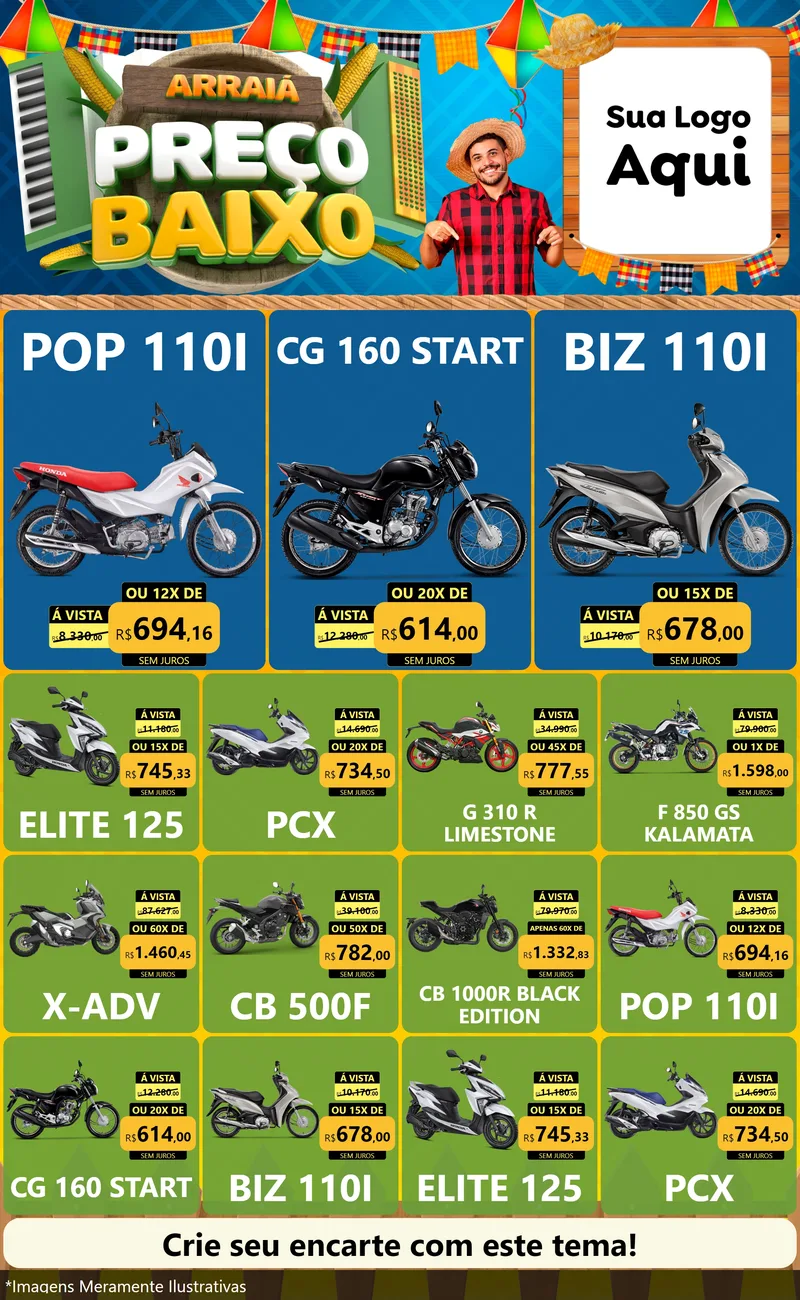 Modelo de Encarte para Encarte Grande com o tema Arraiá de Preço Baixo - Junina para Concessionaria de Motos