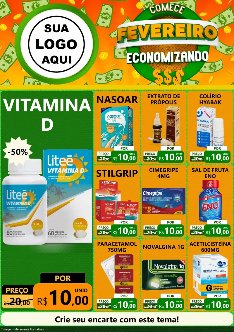 Modelo de Encarte para Encarte A4 Vertical com o tema Comece Fevereiro Economizando para Farmácia