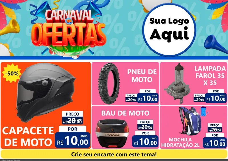 Modelo de Encarte para Encarte A4 Horizontal com o tema Carnaval de Ofertas para Moto peças