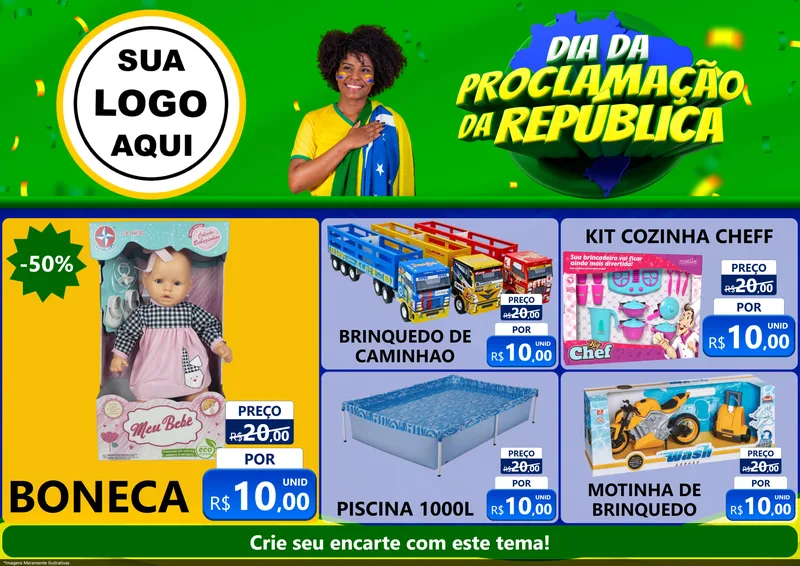 Modelo de Encarte para Encarte A4 Horizontal com o tema Dia Da Proclamação Da República para Brinquedos