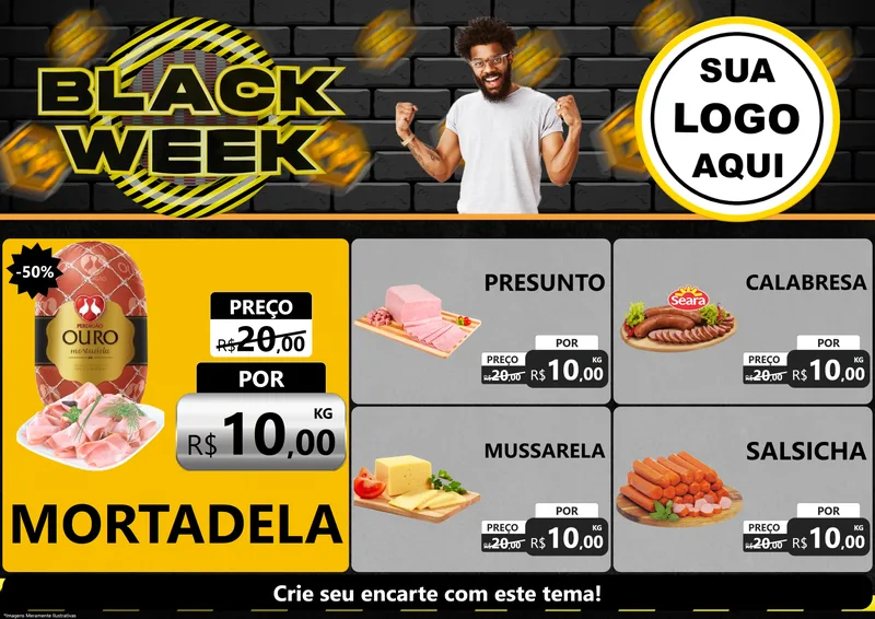 Modelo de Encarte para Encarte A4 Horizontal com o tema Black Week para Frios e Laticínios