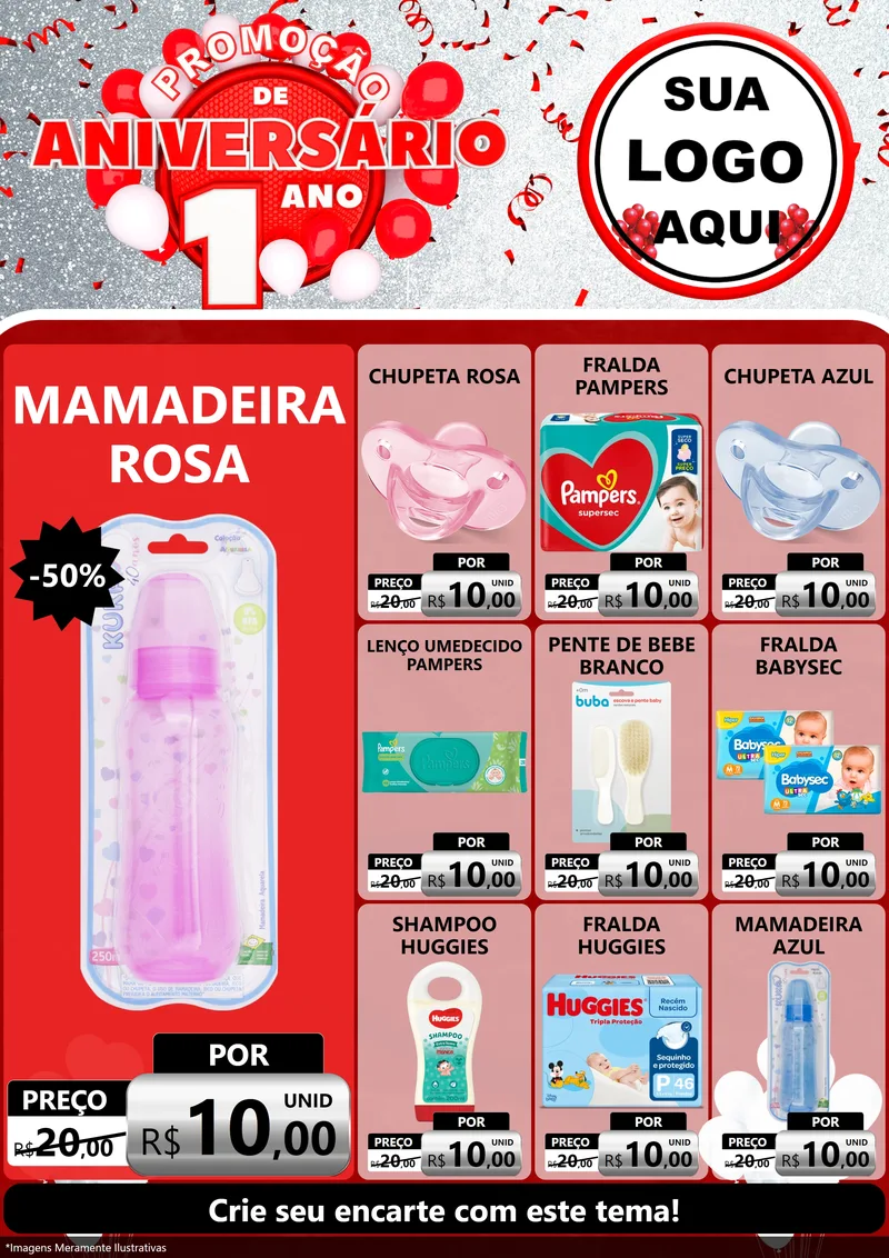 Modelo de Encarte para Encarte A4 Vertical com o tema Promoção de Aniversário - 1 Ano para Bebês