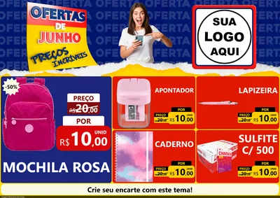 Modelo de Encarte para Encarte A4 Horizontal com o tema Ofertas de Junho - Preços Incríveis para Papelaria