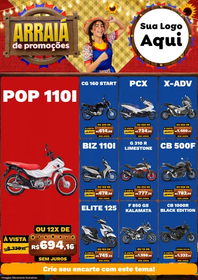 Modelo de Encarte para Encarte A4 Vertical com o tema Arraiá de Promoções para Concessionaria de Motos