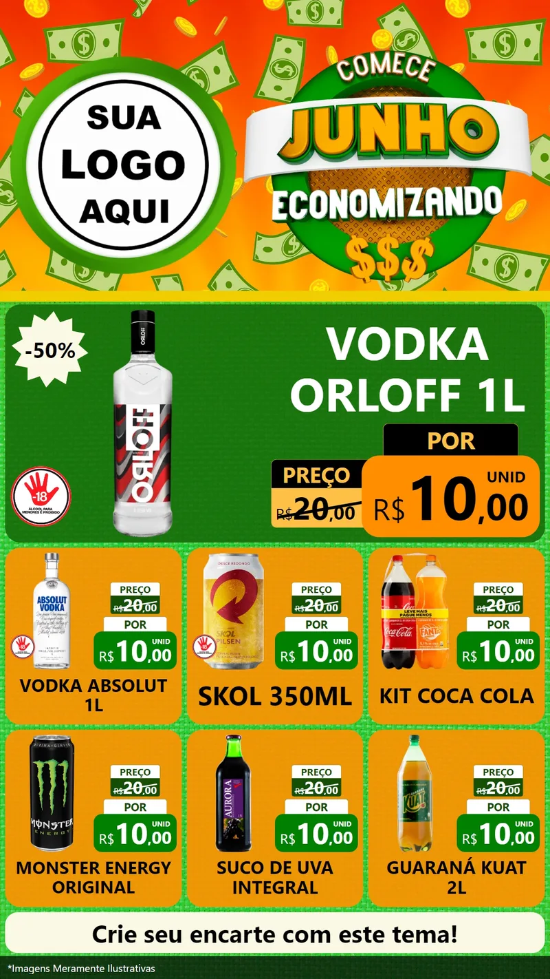 Modelo de Rede Social para Stories com o tema Comece Junho Economizando para Distribuidora de bebidas