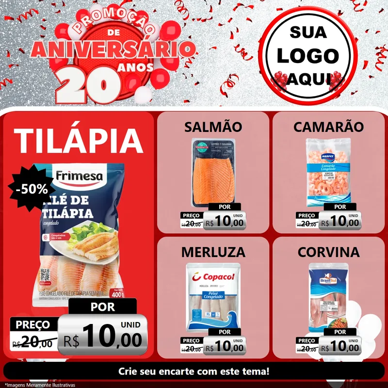 Modelo de Rede Social para Feed Facebook com o tema Promoção de Aniversário - 20 Anos para Peixaria