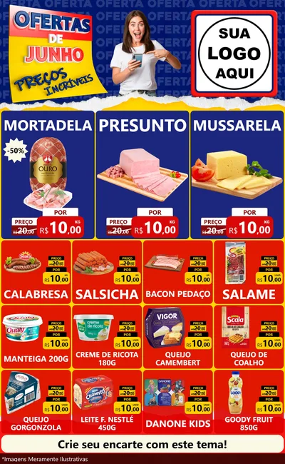 Modelo de Encarte para Encarte Grande com o tema Ofertas de Junho - Preços Incríveis para Frios e Laticínios