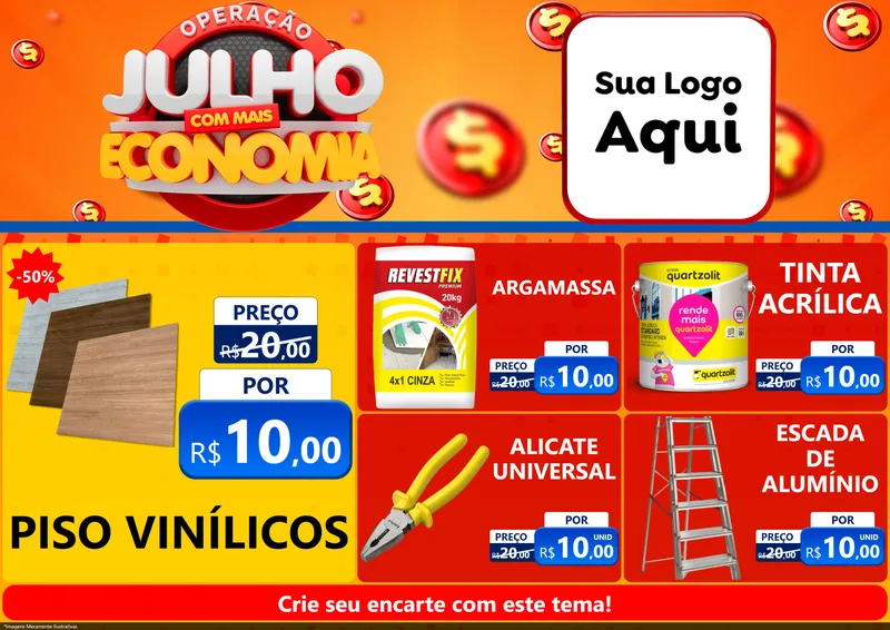 Modelo de Encarte para Encarte A4 Horizontal com o tema Operação Julho Com Mais Economia para Material para Construção