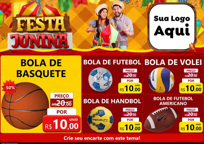 Modelo de Encarte para Encarte A4 Horizontal com o tema Festa Junina para Artigos Esportivos