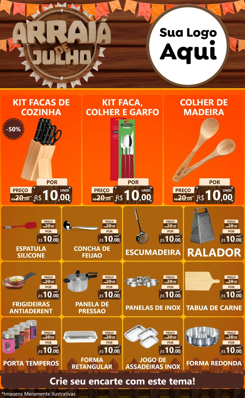 Modelo de Encarte para Encarte Grande com o tema Arraiá de Julho - Junina para Utilidades Domésticas