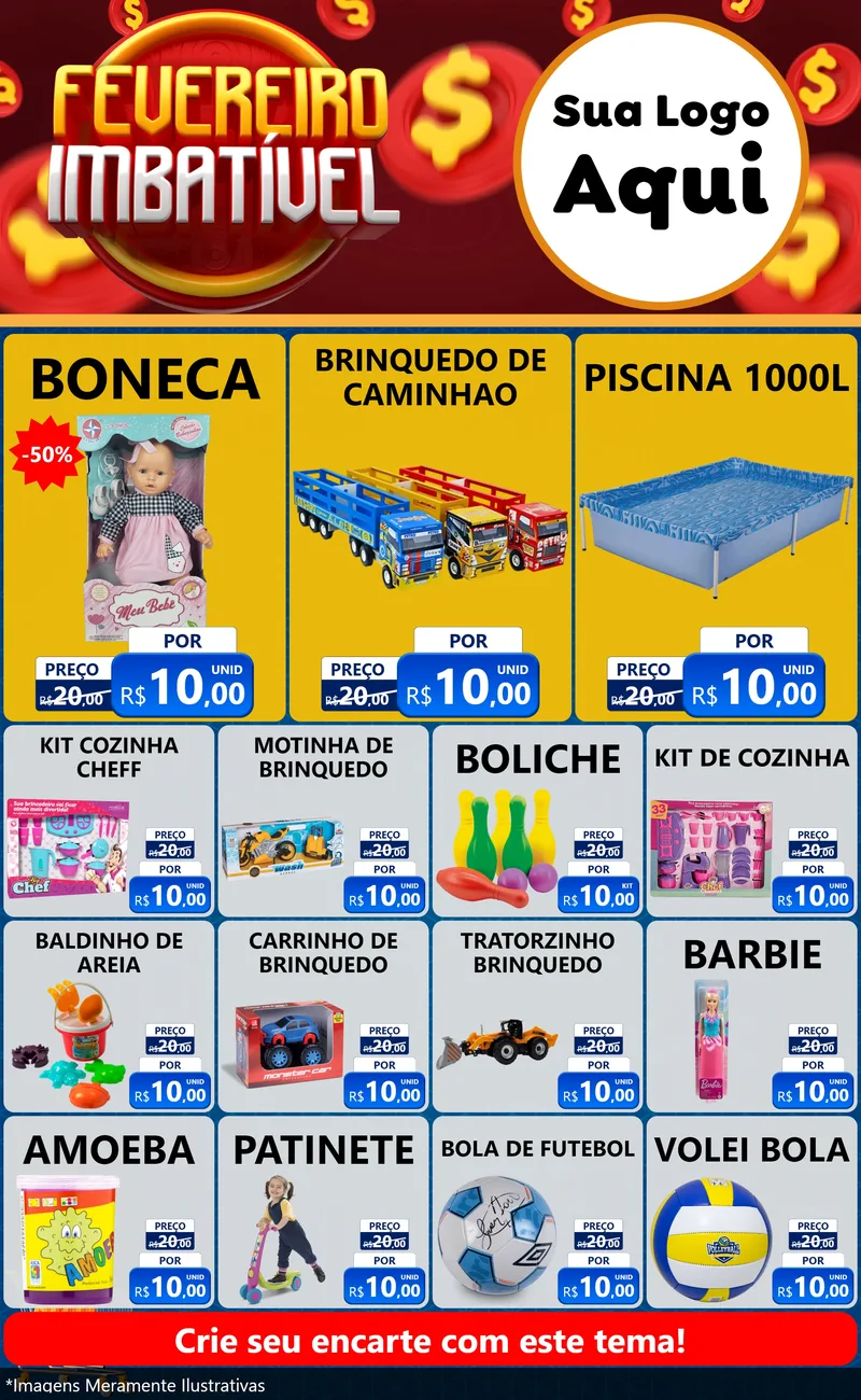 Modelo de Encarte para Encarte Grande com o tema Fevereiro Imbatível para Brinquedos
