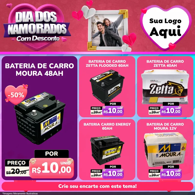 Modelo de Rede Social para Feed Facebook com o tema Dia Dos Namorados Com Desconto para Baterias Elétricas