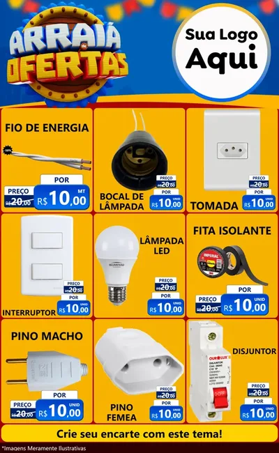 Modelo de Encarte para Encarte Grande com o tema Arraiá de Ofertas - Junina para Materiais Elétricos