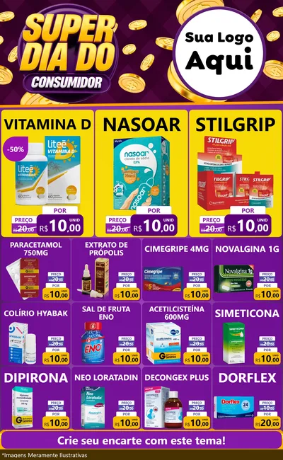 Modelo de Encarte para Encarte Grande com o tema Super Dia do Consumidor para Farmácia