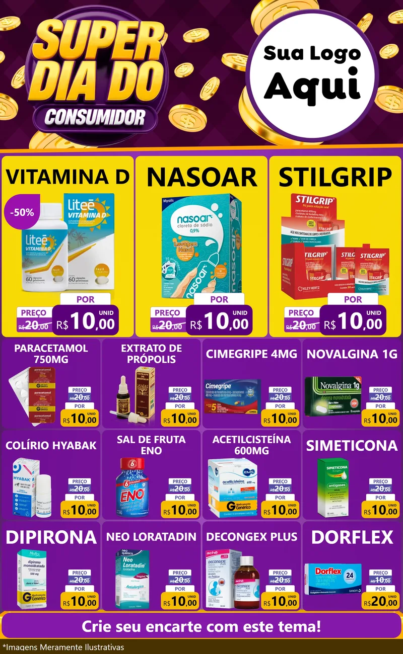 Modelo de Encarte para Encarte Grande com o tema Super Dia do Consumidor para Farmácia