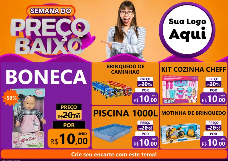 Modelo de Encarte para Encarte A4 Horizontal com o tema Semana do Preço Baixo para Brinquedos