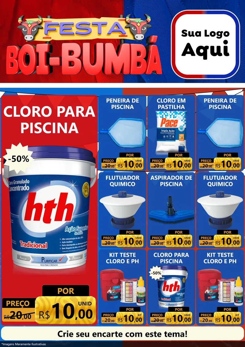 Modelo de Encarte para Encarte A4 Vertical com o tema Festa Boi Bumbá para Produtos para Piscina
