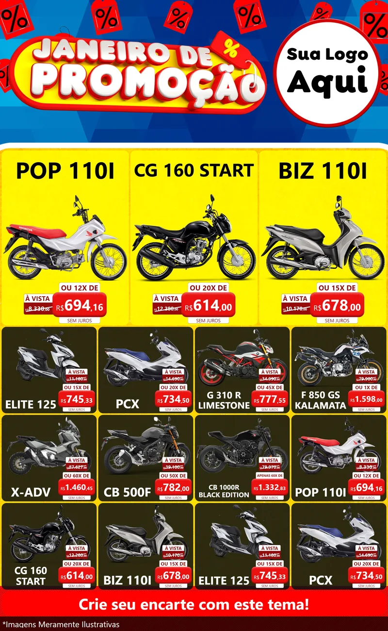 Modelo de Encarte para Encarte Grande com o tema Janeiro de Promoção para Concessionaria de Motos