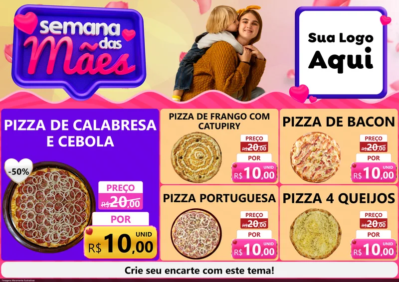 Modelo de Encarte para Encarte A4 Horizontal com o tema Semana das Mães para Pizzaria