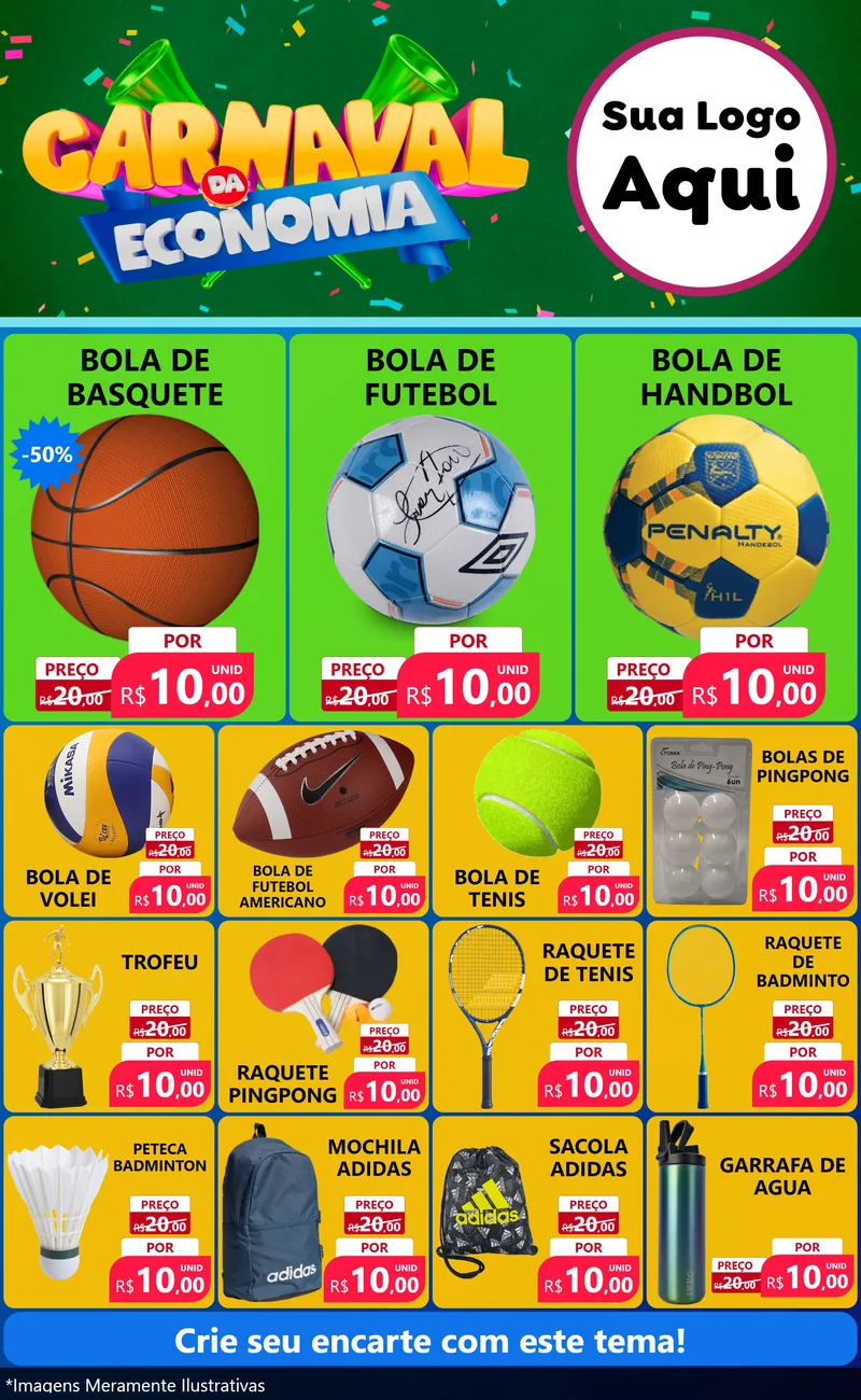 Modelo de Encarte para Encarte Grande com o tema Carnaval da Economia para Artigos Esportivos
